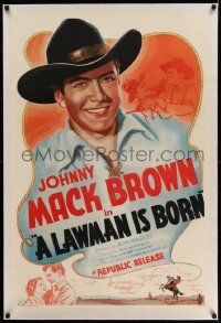 3f273 LAWMAN IS BORN linen 1sh '37 great close up art of smiling cowboy Johnny Mack Brown!