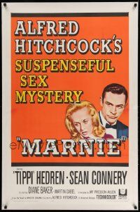 3f287 MARNIE linen 1sh '64 Sean Connery & Tippi Hedren in Hitchcock's suspenseful sex mystery!