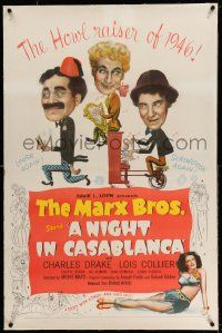3f305 NIGHT IN CASABLANCA linen 1sh '46 wonderful art of The Marx Brothers, Groucho, Chico & Harpo!