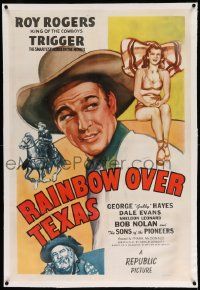 3f321 RAINBOW OVER TEXAS linen 1sh '46 art of Roy Rogers, sexy Dale Evans, Trigger & Gabby Hayes!