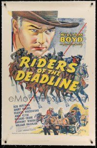 3f326 RIDERS OF THE DEADLINE linen 1sh R40s art of William Boyd as Hopalong Cassidy, Bob Mitchum!