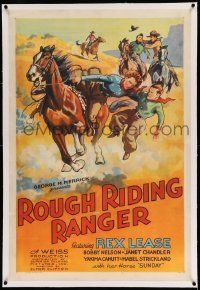 3f333 ROUGH RIDING RANGER linen 1sh '35 art of Mabel Strickland & her horse Sunday saving Rex Lease!