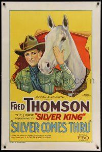 3f347 SILVER COMES THRU linen style A 1sh '27 stone litho of Fred Thomson & his horse Silver King!