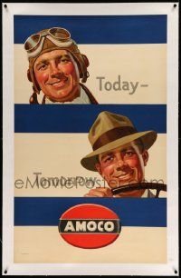3f030 AMOCO linen 27x43 advertising poster '48 cool Lucien Bernhard art of man as a pilot & driver!