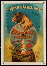 3f031 KAMM & SCHELLINGER BREWING COMPANY linen 24x34 advertising poster 1900s art of lion & beer!