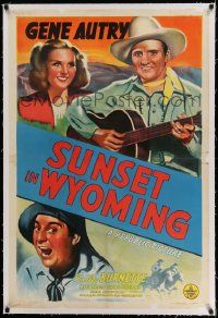 3f364 SUNSET IN WYOMING linen 1sh '41 Gene Autry with guitar, Smiley Burnette & pretty Maris Wrixon!