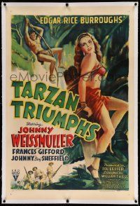 3f367 TARZAN TRIUMPHS linen 1sh '43 art of Johnny Weismuller & sexy Frances Gifford as Zandra!