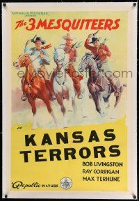 3f374 THREE MESQUITEERS linen 1sh '38 art of Livingston, Corrigan & Terhune, Kansas Terrors!