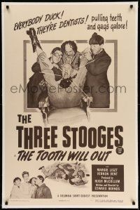 3f382 TOOTH WILL OUT linen 1sh '51 Three Stooges w/ Shemp are dentists pulling teeth & gags galore!