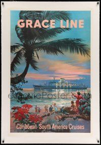3f008 GRACE LINE CARIBBEAN & SOUTH AMERICAN CRUISES linen 28x42 travel poster '61 Evers art of ship