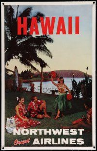 3f004 NORTHWEST ORIENT AIRLINES HAWAII linen 25x40 travel poster '60s great image of luau!