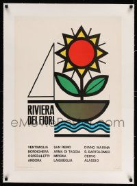 3f010 RIVIERA DEI FIORI linen 19x28 Italian travel poster '60s Pontrelli art of flower & sailboat!