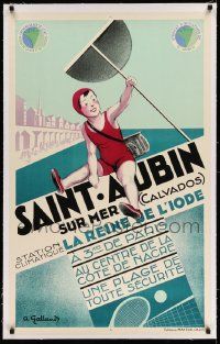 3f012 SAINT AUBIN linen 25x39 French travel poster '30s Andre Galland art of swimmer with net!