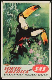 3f005 SAS SOUTH AMERICA linen 25x39 Danish travel poster 1950s art of toucans by Otto Nielsen!