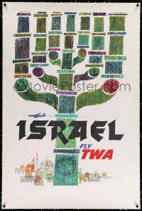 3f002 TWA ISRAEL linen 26x40 travel poster '60s cool art of Menorah & Jerusalem by David Klein!