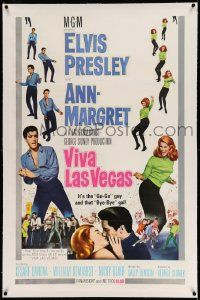 3f397 VIVA LAS VEGAS linen 1sh '64 many artwork images of Elvis Presley & sexy Ann-Margret!