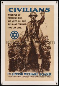 3f016 JEWISH WELFARE BOARD linen 22x33 WWI war poster '18 cool soldier art by Sidney H. Riesenberg!