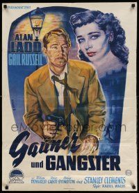 3g211 SALTY O'ROURKE German '55 different Storck art of Alan Ladd with gun & sexy Gail Russell!