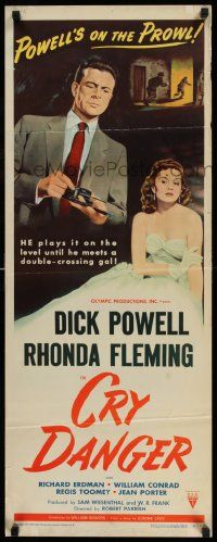 3g397 CRY DANGER insert '51 great film noir art of Dick Powell loading gun + sexy Rhonda Fleming!