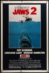3g431 JAWS 2 1sh '78 different art of giant killer shark attacking man & woman in sailboat, rare!