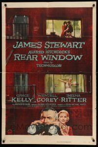 3g165 REAR WINDOW 1sh '54 Alfred Hitchcock, art of voyeur Jimmy Stewart & sexy Grace Kelly!