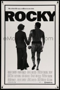 3g441 ROCKY 1sh '76 boxer Sylvester Stallone holding hands with Talia Shire, boxing classic!