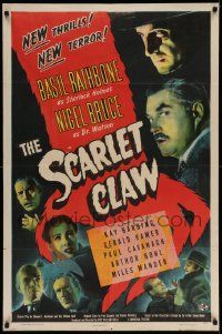 3g166 SCARLET CLAW 1sh '44 Basil Rathbone as Sherlock Holmes, Nigel Bruce as Watson, cool & rare!