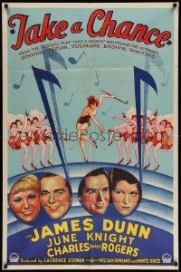 3g169 TAKE A CHANCE 1sh '33 art of James Dunn & Buddy Rogers in notes + sexy deco dancing girls!