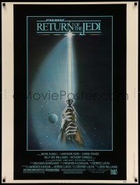 3h129 RETURN OF THE JEDI 30x40 '83 George Lucas, art of hands holding lightsaber by Tim Reamer!