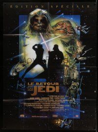 3h036 RETURN OF THE JEDI French 1p + cover sheet R97 George Lucas, cool art by Drew Struzan!