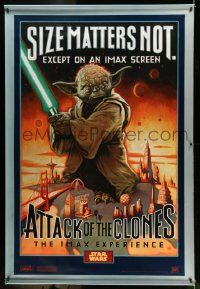 3h347 ATTACK OF THE CLONES IMAX style A vinyl banner '02 McMacken art of Yoda, size matters not!