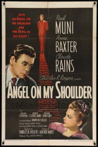 3j037 ANGEL ON MY SHOULDER 1sh '46 artwork of Paul Muni, Claude Rains, pretty Anne Baxter!