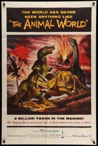 3j040 ANIMAL WORLD 1sh '56 great artwork of prehistoric dinosaurs & erupting volcano!