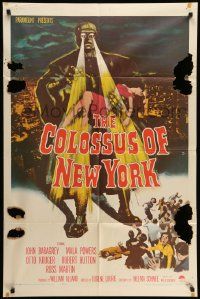 3j181 COLOSSUS OF NEW YORK 1sh '58 great art of robot monster holding sexy girl & attacking!
