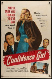 3j185 CONFIDENCE GIRL 1sh '52 bad girl Hillary Brooke wants to give Tom Conway a hard time!