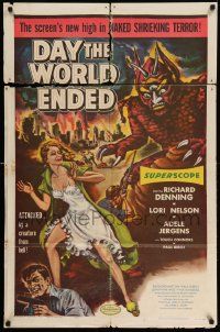 3j215 DAY THE WORLD ENDED 1sh '56 Roger Corman, great art of sexy Lori Nelson & wacky monster!
