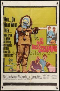 3j264 EARTH DIES SCREAMING 1sh '64 Terence Fisher sci-fi, wacky monster, who or what were they?