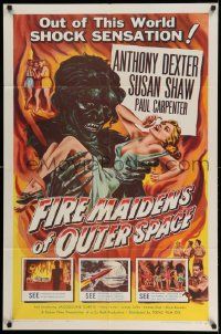 3j302 FIRE MAIDENS OF OUTER SPACE 1sh '56 great art of monster holding sexy babe by Kallis!