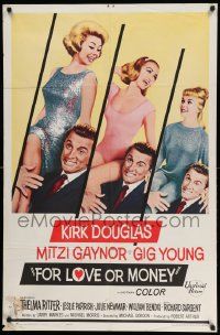 3j315 FOR LOVE OR MONEY 1sh '63 Kirk Douglas carries sexy Mitzi Gaynor, Thelma Ritter!