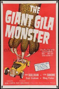 3j350 GIANT GILA MONSTER 1sh '59 classic art of giant monster hand grabbing teens in hot rod!