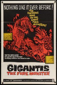 3j351 GIGANTIS THE FIRE MONSTER 1sh '59 cool art of Godzilla breathing flames at Angurus!