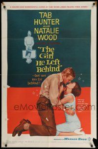 3j352 GIRL HE LEFT BEHIND 1sh '56 romantic image of Tab Hunter about to kiss Natalie Wood!
