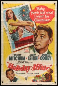 3j420 HOLIDAY AFFAIR style A 1sh '49 sexy Janet Leigh is what Robert Mitchum wants for Christmas!