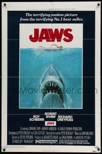 3j452 JAWS 1sh '75 art of Steven Spielberg's classic man-eating shark attacking sexy swimmer!