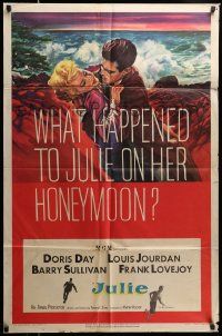 3j467 JULIE 1sh '56 what happened to Doris Day on her honeymoon with Louis Jourdan?