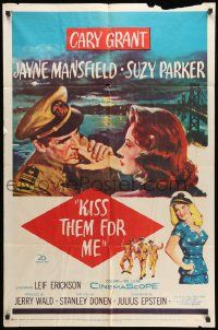 3j479 KISS THEM FOR ME 1sh '57 romantic art of Cary Grant & Suzy Parker, + sexy Jayne Mansfield!
