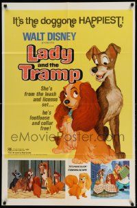 3j486 LADY & THE TRAMP 1sh R72 Disney classic dog cartoon, great image with Jock!