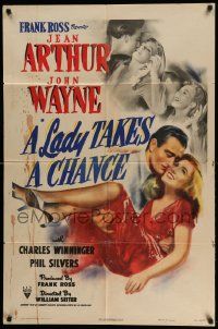 3j489 LADY TAKES A CHANCE style A 1sh '43 Jean Arthur moves west and falls in love with John Wayne!