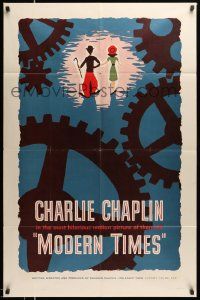 3j586 MODERN TIMES 1sh R59 great Henry Cerutti artwork of Charlie Chaplin & Goddard with gears!