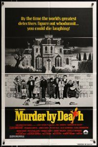 3j601 MURDER BY DEATH 1sh '76 great Charles Addams art of cast by dead body, yellow title design!